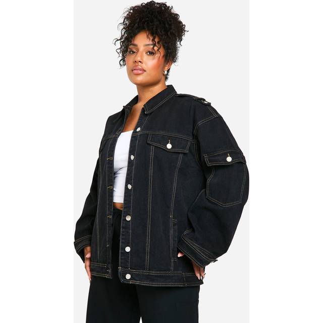 Womens Plus Contrast Stitch Denim Jacket - Black - 18, Black