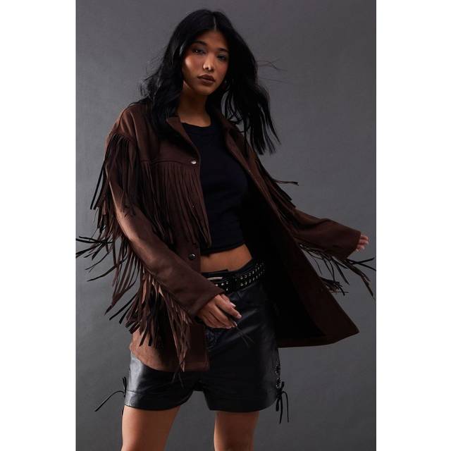 Womens Suedette Western Fringed Jacket - chocolate - Chocolate - 6