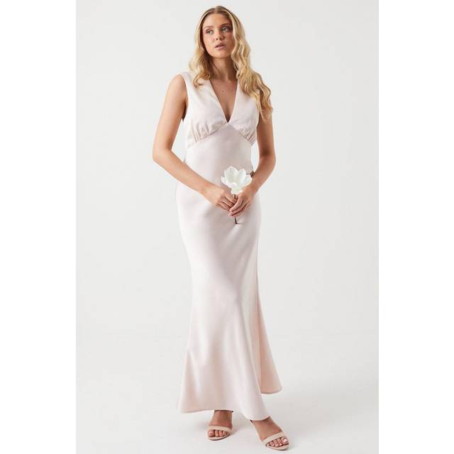 Oasis Womens Satin Open Back Detail Maxi Bridesmaids Dress - Blush - Size 14 UK
