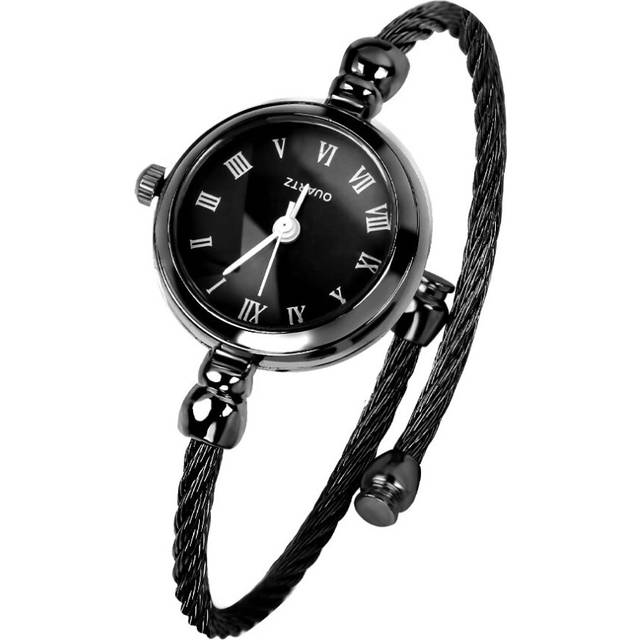 (Black) Luxury Gold Bangle Watches Stainless Steel Retro Ladies Quartz Wristwatches