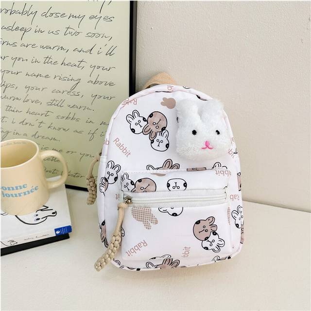 (White) Cute Rabbit Printed Canvas Backpack For Kids With Lightweight Design For School Use