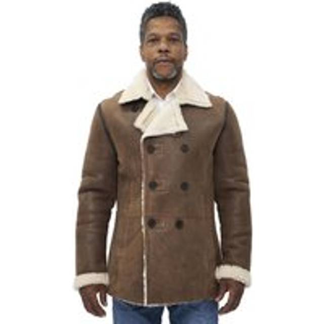 Double Breasted Shearling Sheepskin Pea Coat-Kington - Tan - XXL