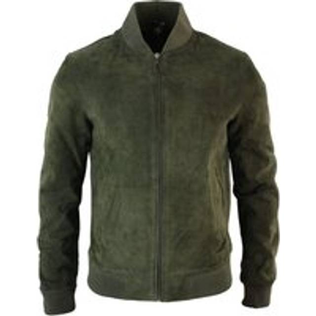 Varsity Suede Leather Bomber Jacket - Olive - 5XL