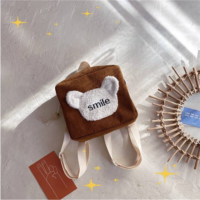 (Khaki) Cozy Plush Cartoon Bear Mini Backpack For Kids With Unique Color Block Design And Soft Feel