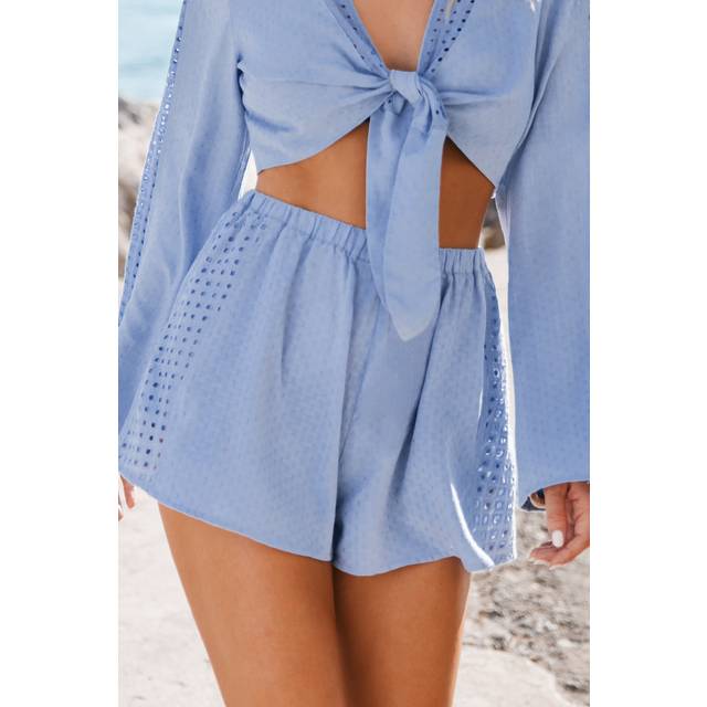 Eyelet Flowy Crochet Shorts - Blue