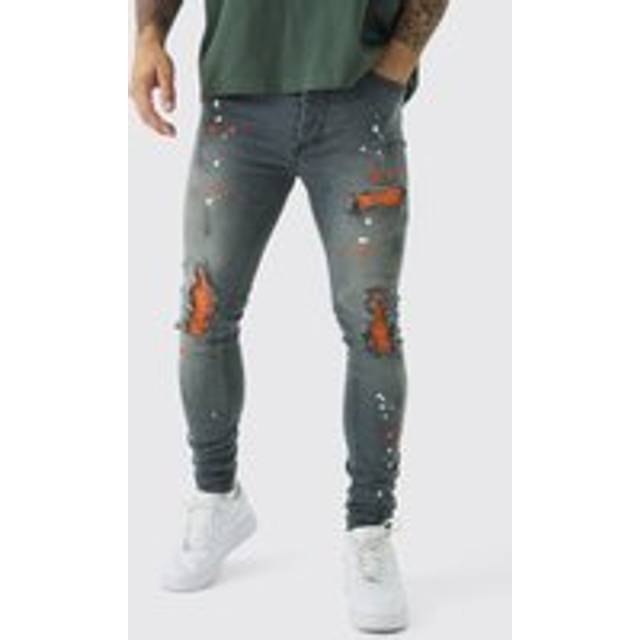 Mens Light Grey Super Skinny Stretch Biker Rip & Repair Paint Splat Jeans