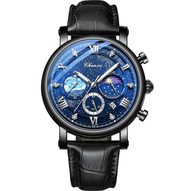 VEANXIN Men's Watch Business Dress Starry Sky Luminous Dial Moon Phase Chronograph Waterproof Analog Quartz Calendar Leather Strap Wrist Watch for Men