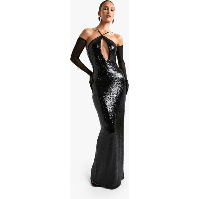 Womens Halter Neck Cut Out Sequin Maxi Dress - Black - 10