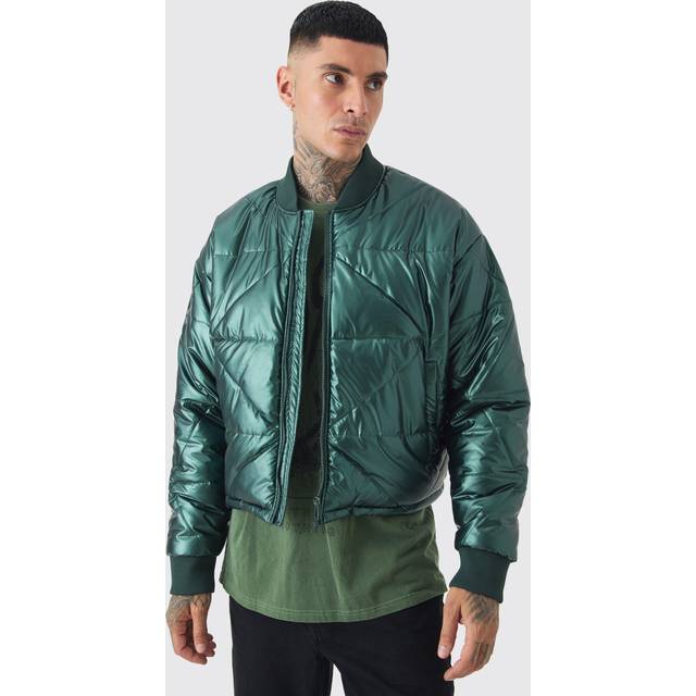 Mens Tall Boxy Metallic Abstract Quilted Bomber Jacket In Green