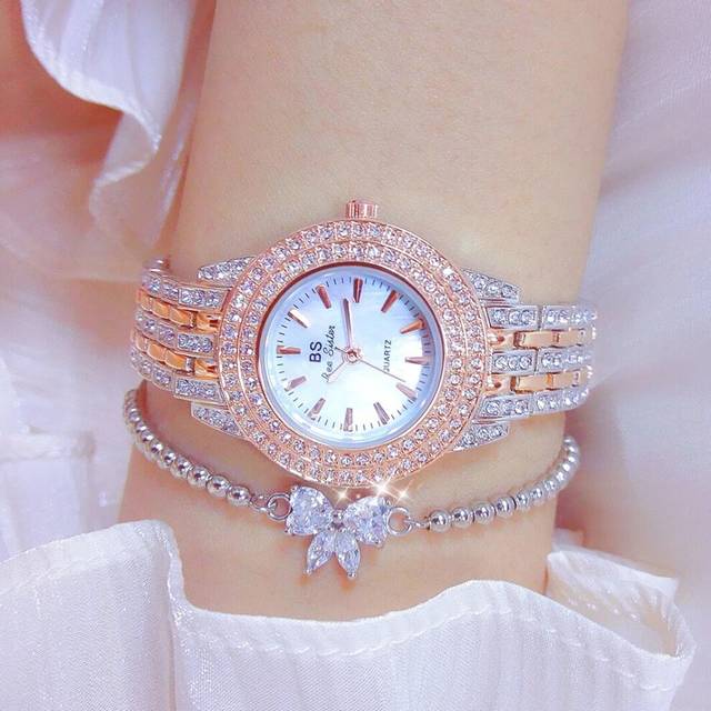 (silver rose hd) BS Elegant Diamond Watches for Women Luxury Brand Waterproof Stainless