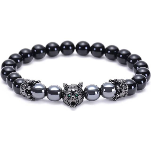 (Black) Wolf Bracelet, Wolf Head Lava Rock Bracelet, Natural Royal Blue Tiger Eye Stone Beads Bracelet, Wolf Head Charm Bracelet Men Energy Courage Br