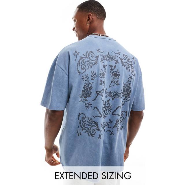 ASOS DESIGN – Blå, tvättad, kraftig t-shirt i oversize med tryck baktill och 220gsm
