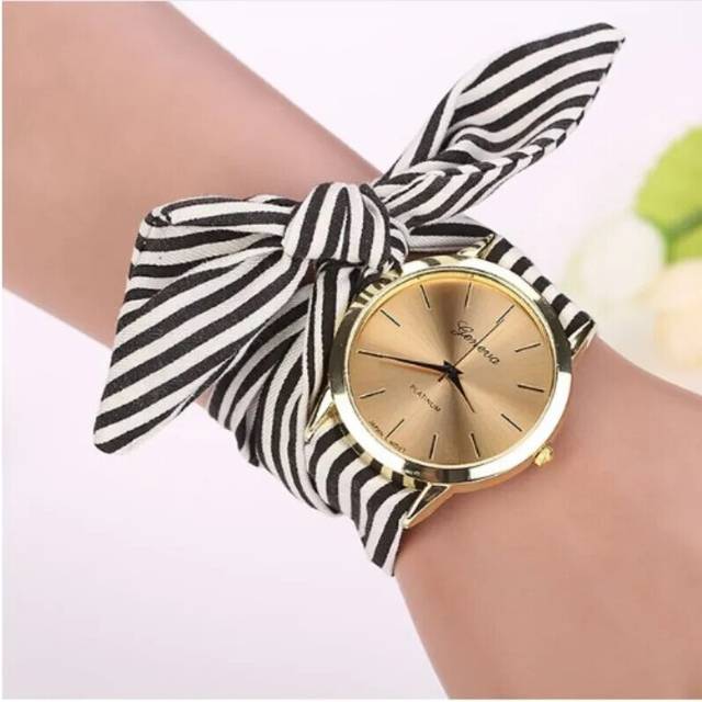 (Black) Stripe Floral Cloth Quartz Dial Watch Products Women Wristwatch