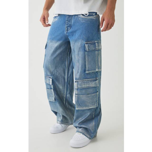 Baggy Rigid Sliver Metallic Coated Denim Cargo Jeans - Blue - 34R