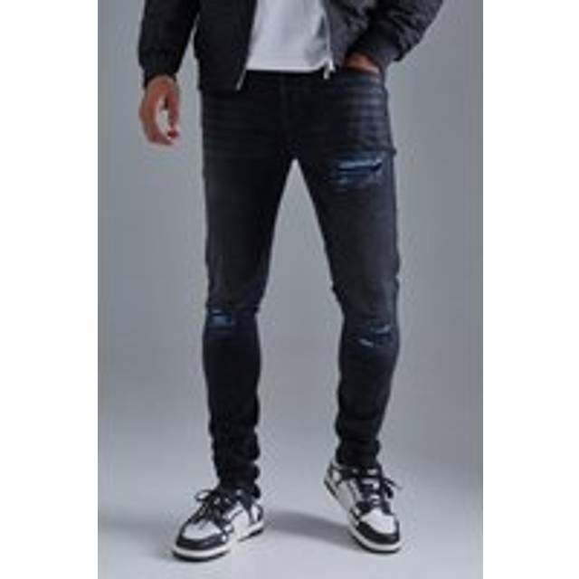 Skinny Stretch True Black Pu Biker Rip & Repair Jeans - 34R