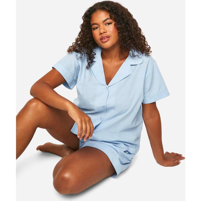 Womens Plus Poplin Short Sleeve Shirt And Short Pyjama Set - Blue - 20, Blue