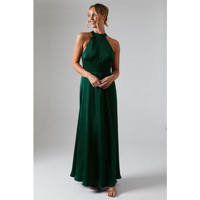 Wrap Waist Detail Satin Halter Neck Bridesmaid Dress - Green - 16