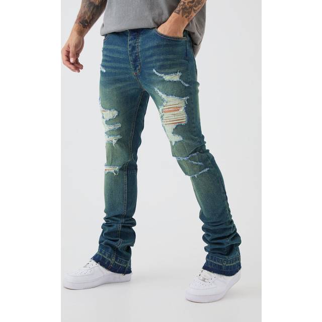 Skinny Stretch Stacked Flared Ripped Jeans - Blue - 36R