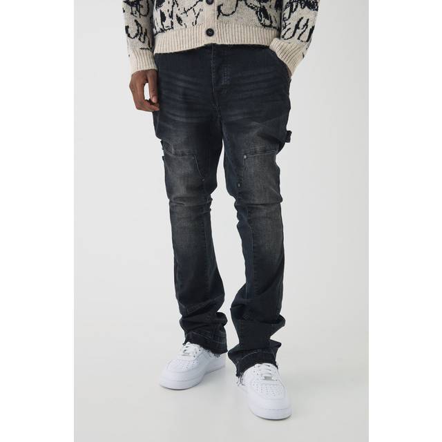 Mens Washed Black Skinny Flared Stacked Carpenter Gusset Washed Jeans