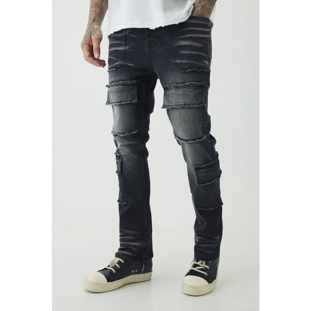 Tall Raw Seam Detail Stretch Skinny Cargo Flared Jeans - Black - 36