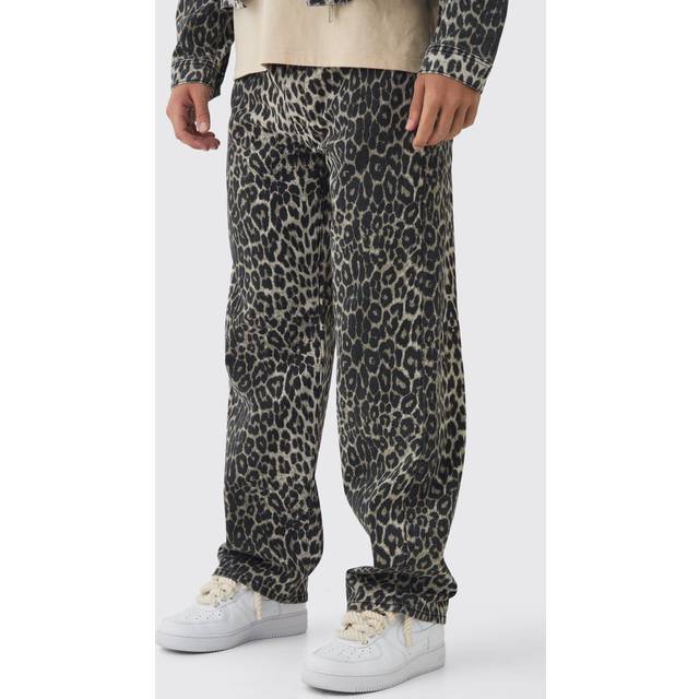 Mens Brown Relaxed Fit Leopard Jeans