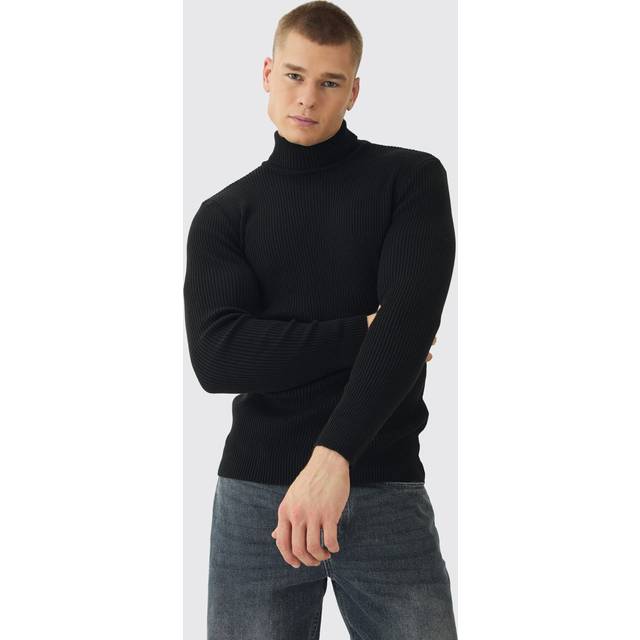 Muscle Fit Ribbed Knit Roll Neck Jumper In Black - M