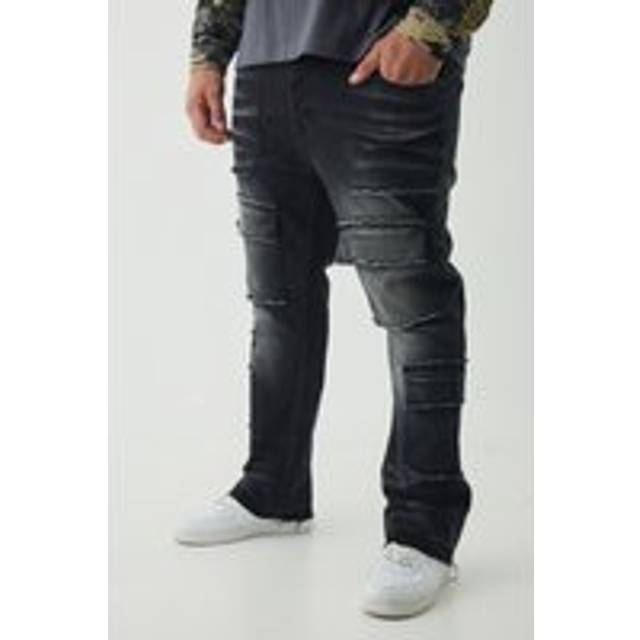 Mens Washed Black Plus Raw Seam Detail Stretch Skinny Cargo Flared Jeans