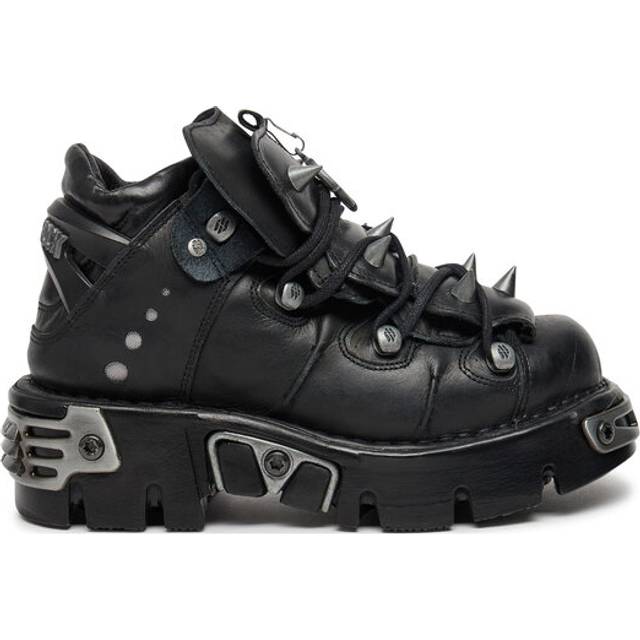 New Rock Unisex Black Leather Spiked Ankle Boots-110-S1 - Size EU 43