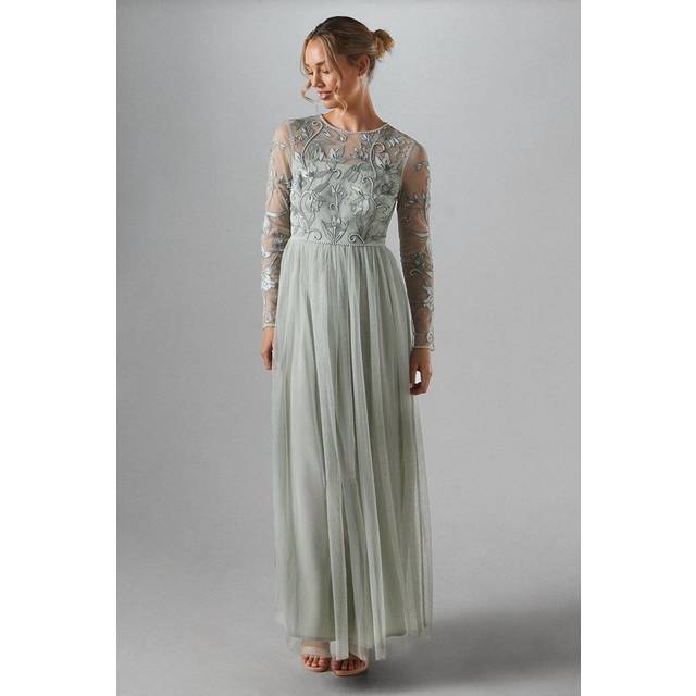 Long Sleeve Winter Floral Tulle Skirt Bridesmaid Maxi Dress - Sage - 10