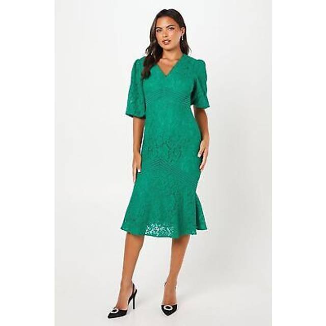 Coast womens pencil dress green lace floral v-neck blouson sleeve midi