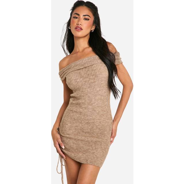 Womens Rib Knit Bardot Ruched Mini Dress - Cream - M, Cream