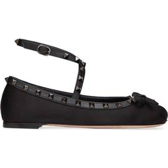 Valentino Rockstud Satin & Leather Ankle Strap Ballerina Flat