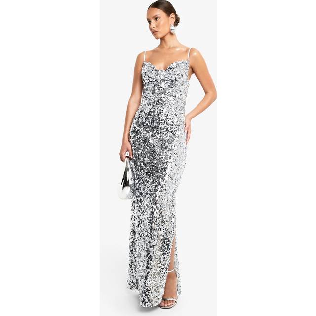 Womens Sequin Cowl Neck Maxi Slip Dress - Grey - 18