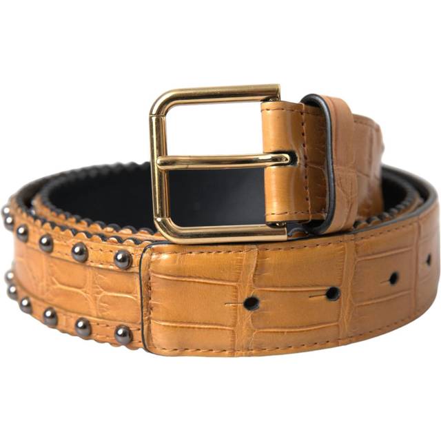 Beige Alligator Leather Studded Metal Buckle Belt - 85 cm / 34 Inches