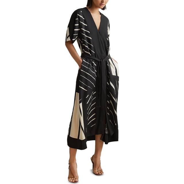Reiss Womens Black/white Cami Printed Satin Midi Dress 4 - BLACK/WHITE