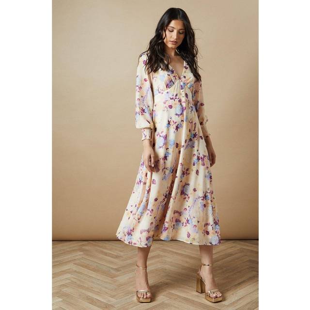 Oasis Floral Button Long Sleeve Midi Dress In Cream - cream - 8