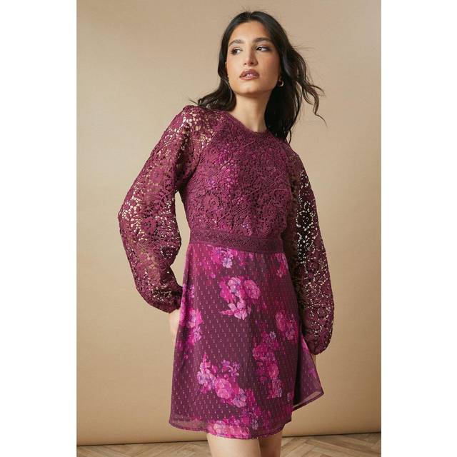 Oasis Womens Occasion Floral Lace Bodice Mini Dress - Berry - Size 14 UK