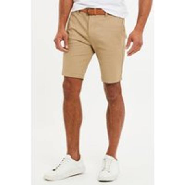 Cotton Turn-Up Chino Shorts with Woven Belt - Stone - 32 Waist - Threadbare