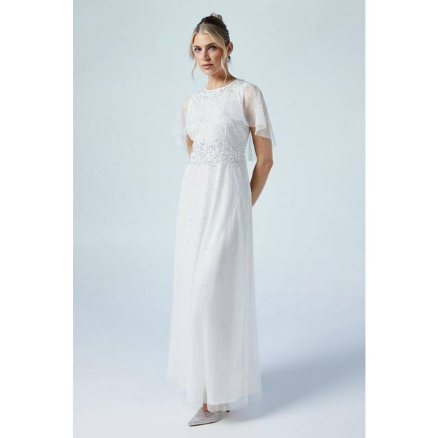 Cape Detail Ombre Embellished Mesh Wedding Dress - Ivory - 10