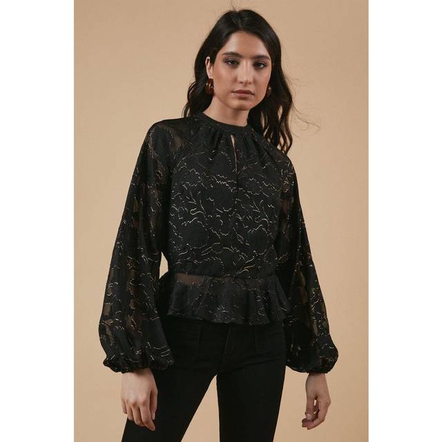 Oasis Womens Chiffon Metallic Jacquard Keyhole Blouse - Black - Size 12 UK