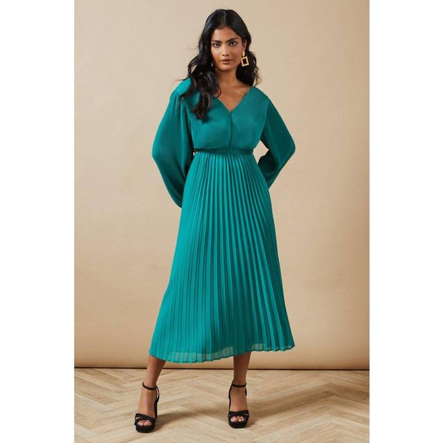 Oasis womens fit flare dress teal pleated v-neck long sleeve occasion