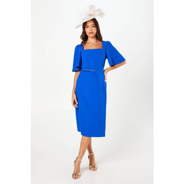 Crepe Square Neck Angel Sleeve Pencil Dress - Blue - 10