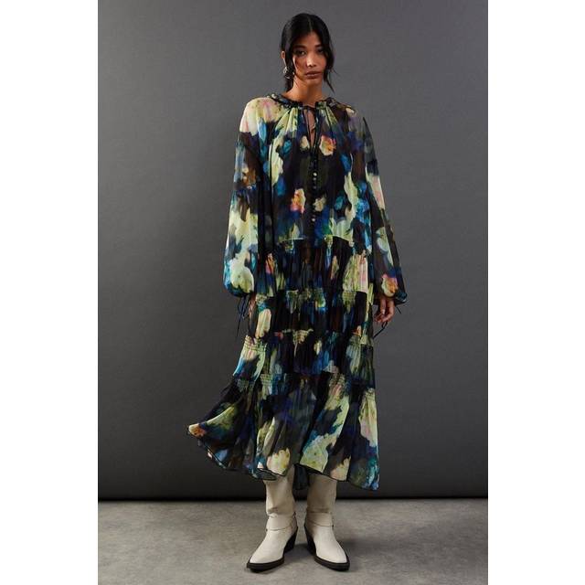 Womens Floral Chiffon Button Tier Smock Midi Dress - Yellow - 10