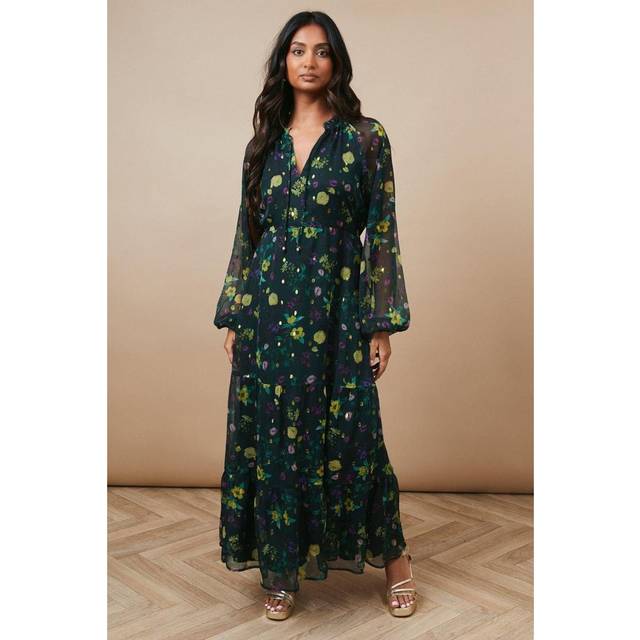 Oasis Womens Occasion Floral Metallic Spot Tiered Midaxi Dress - Black - Size 10 UK