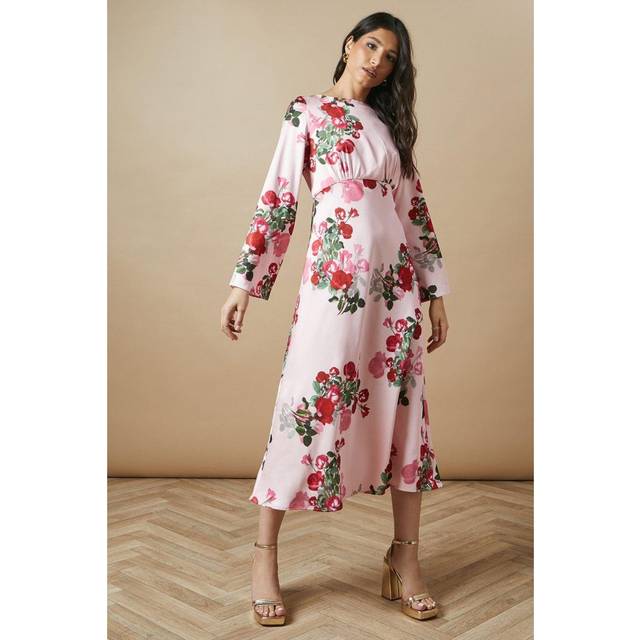 Oasis womens fit flare dress blush floral satin long sleeve midi versatile
