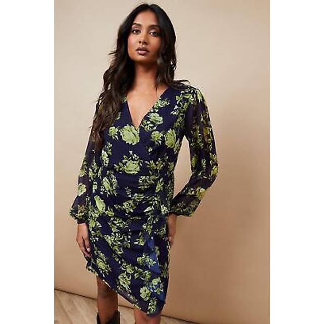 Occasion Floral Ruffle Wrap Mini Dress - Navy - 12,10,8