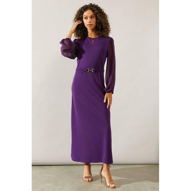 Womens Ponte A-line Midi Dress With Chiffon Sleeves - Plum - 8