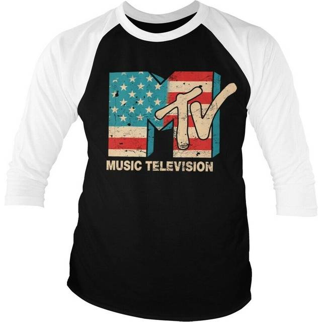 MTV Distressed USA-Flag Baseball 3/4 Sleeve Tee (S WhiteBlack)