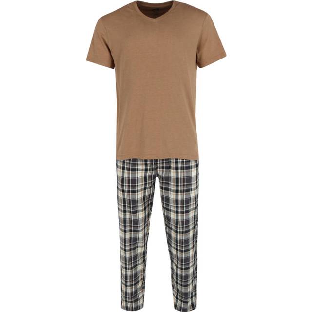 Majestic International Men's Short Sleeve and Flannel Pant Pajama Set - Tobacco (Medium)