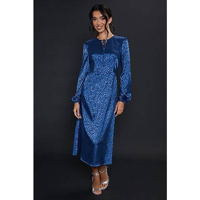 Womens Satin Animal Jacquard Keyhole Long Sleeve Mini Dress - Blue - 8